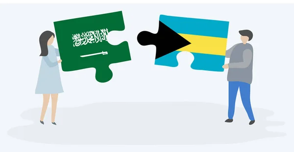 Pareja Sosteniendo Dos Piezas Rompecabezas Con Banderas Arabia Saudita Bahamas — Vector de stock