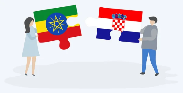Couple Holding Two Puzzles Pieces Ethiopian Croatian Flags Ethiopia Croatia — Stock Vector