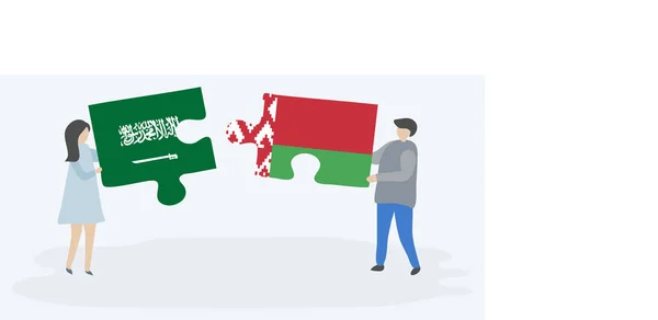 Couple Tenant Deux Pièces Puzzles Avec Des Drapeaux Saoudiens Biélorusses — Image vectorielle