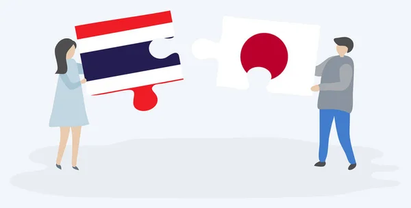 Paar Houden Twee Puzzels Stukken Met Thaise Japanse Vlaggen Thailand — Stockvector