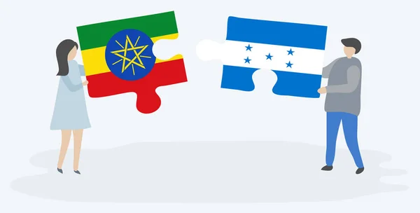 Casal Segurando Duas Peças Quebra Cabeças Com Bandeiras Etíopes Hondurenhos —  Vetores de Stock