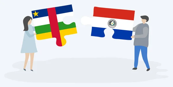 Paar Houden Twee Puzzels Stukken Met Centraal Afrikaanse Paraguayaanse Vlaggen — Stockvector