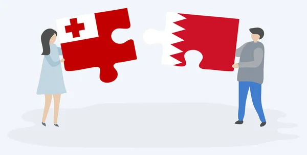 Para Trzyma Dwa Kawałki Puzzli Tongan Bahraini Flagi Symbole Narodowe — Wektor stockowy