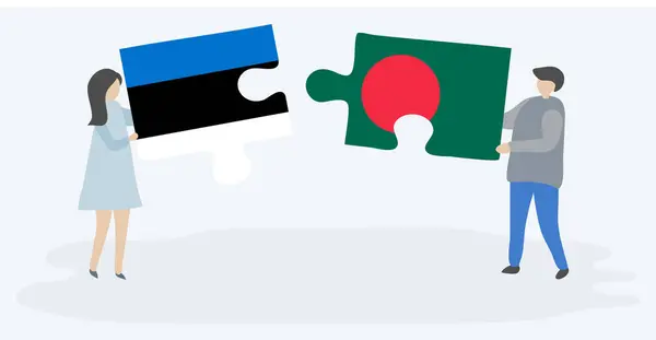 Paar Houden Twee Puzzels Stukken Met Ests Bangladeshi Vlaggen Estland — Stockvector