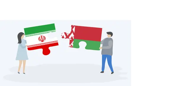 Пара Держащая Две Головоломки Иранскими Белорусскими Флагами Государственные Символы Ирана — стоковый вектор
