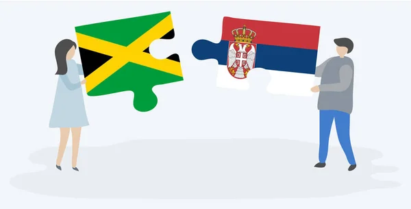 Ζευγάρι Που Κρατά Δύο Κομμάτια Παζλ Τζαμαϊκανές Και Σερβικές Σημαίες — Διανυσματικό Αρχείο