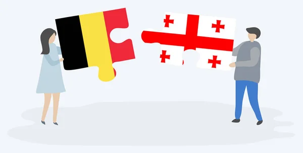 Casal Segurando Duas Peças Quebra Cabeças Com Bandeiras Belgas Georgianas — Vetor de Stock