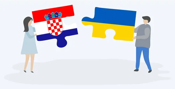 Ζευγάρι Που Κρατά Δύο Κομμάτια Παζλ Κροατικές Και Ουκρανικές Σημαίες — Διανυσματικό Αρχείο
