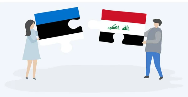 Dvojice Která Drží Dvě Skládanky Estonskými Iráckými Vlajkami Estonsko Irácké — Stockový vektor