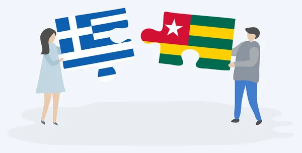 Ζευγάρι Που Κρατά Δύο Κομμάτια Γρίφων Σημαίες Της Ελλάδας Και — Διανυσματικό Αρχείο