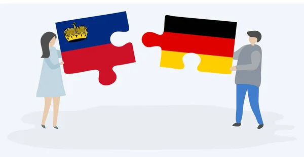 リヒテンシュタインとドイツの旗を持つ2つのパズルのピースを保持しているカップル リヒテンシュタインとドイツの国のシンボル — ストックベクタ