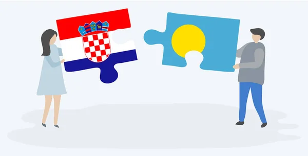 Ζευγάρι Που Κρατά Δύο Κομμάτια Παζλ Σημαίες Κροατών Και Palauan — Διανυσματικό Αρχείο