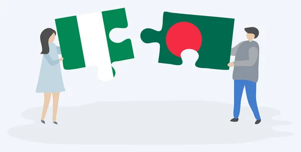 一对夫妇拿着两块拼图 上面挂着尼日利亚和孟加拉国国旗 尼日利亚和孟加拉国国家符号在一起 — 图库矢量图片