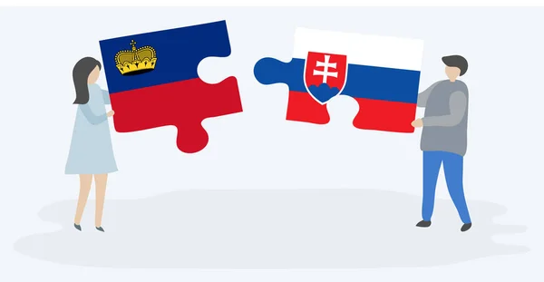 Paar Mit Zwei Puzzleteilen Mit Liechtenstein Und Slowakischen Fahnen Liechtenstein — Stockvektor
