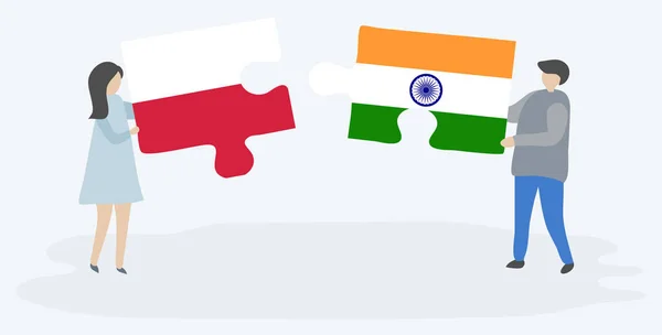 ポーランドとインドの旗を持つ2つのパズルのピースを保持しているカップル ポーランドとインドのシンボル — ストックベクタ