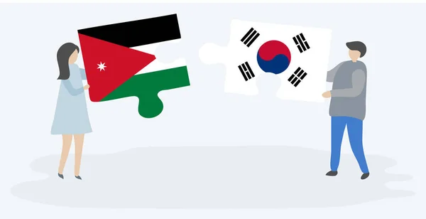 Couple Holding Two Puzzles Pieces Jordanian South Korean Flags Jordan — Stock Vector