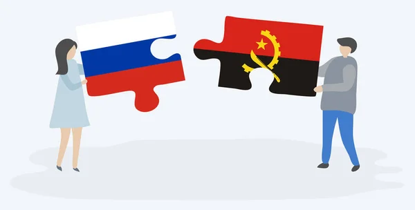 Ζευγάρι Που Κρατά Δύο Κομμάτια Παζλ Σημαίες Της Ρωσίας Και — Διανυσματικό Αρχείο
