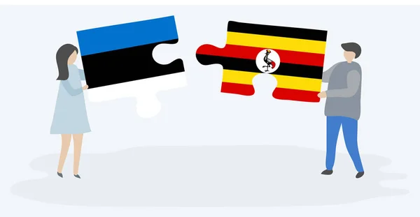 Pareja Sosteniendo Dos Piezas Rompecabezas Con Banderas Estonia Uganda Estonia — Vector de stock