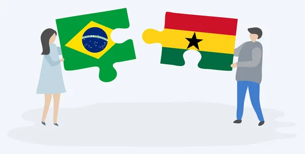 Couple Holding Two Puzzles Pieces Brazilian Ghanaian Flags Brazil Ghana — Stock Vector