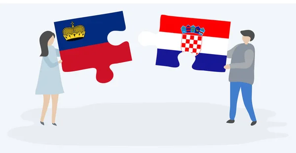 Pár Holding Két Rejtvények Darab Liechtenstein Horvát Zászlók Liechtenstein Horvátország — Stock Vector