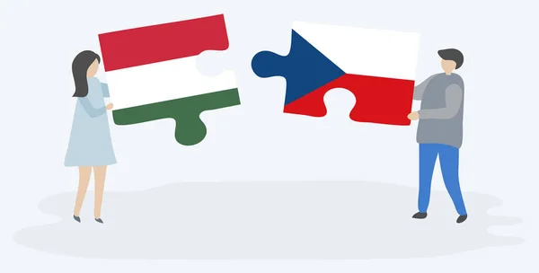 Paar Houden Twee Puzzels Stukken Met Hongaarse Tsjechische Vlaggen Hongarije — Stockvector
