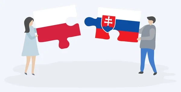 ポーランドとスロバキアの旗を持つ2つのパズルのピースを保持しているカップル ポーランドとスロバキアの国のシンボル — ストックベクタ