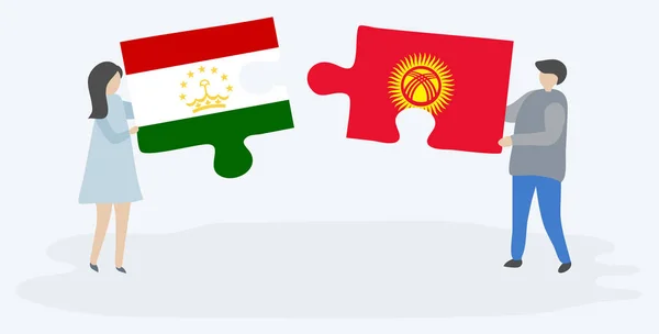 Couple Tenant Deux Pièces Puzzles Avec Des Drapeaux Tadjiks Kirghizes — Image vectorielle