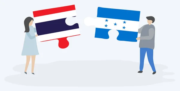 Couple Holding Two Puzzles Pieces Thai Honduran Flags Thailand Honduras — Stock Vector