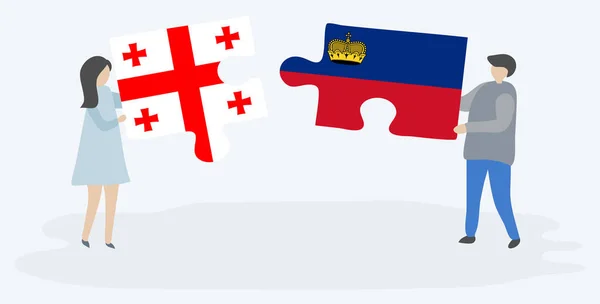 Pareja Sosteniendo Dos Piezas Rompecabezas Con Banderas Georgia Liechtenstein Georgia — Vector de stock