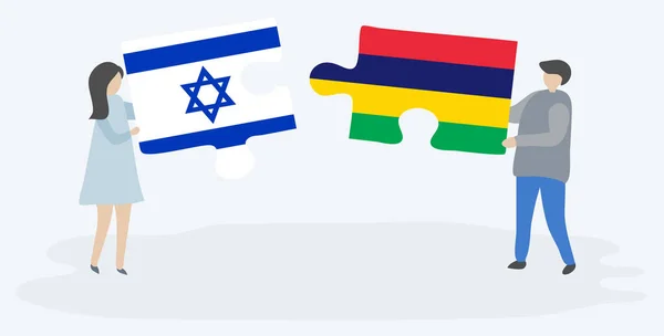 イスラエルとモーリシャスの旗を持つ2つのパズルのピースを保持しているカップル イスラエルとモーリシャスの国のシンボル — ストックベクタ