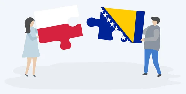 Pareja Sosteniendo Dos Piezas Rompecabezas Con Banderas Polonia Bosnia Polonia — Vector de stock
