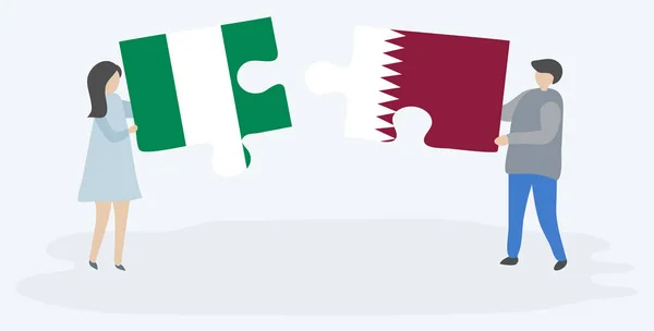 Couple Holding Two Puzzles Pieces Nigerian Qatari Flags Nigeria Qatar — Stock Vector