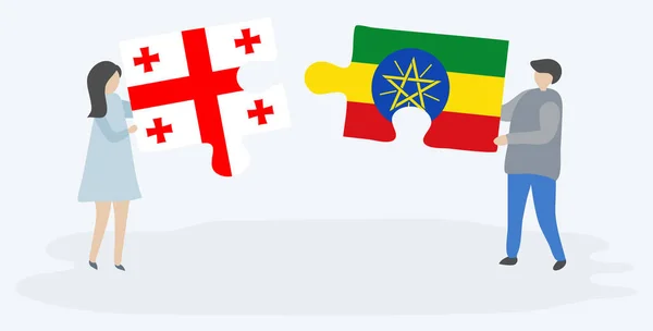 Gürcü Etiyopya Bayraklarıyla Iki Bulmaca Tutan Çift Gürcistan Etiyopya Ulusal — Stok Vektör