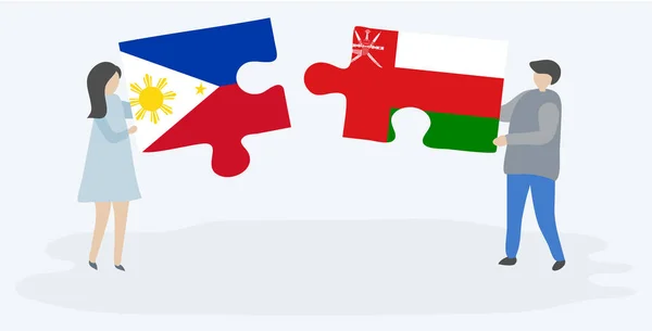Par Som Innehar Två Pusselbitar Med Filippinska Och Omani Flaggor — Stock vektor