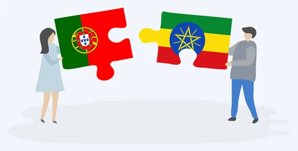 Couple Tenant Deux Pièces Puzzles Avec Des Drapeaux Portugais Éthiopiens — Image vectorielle