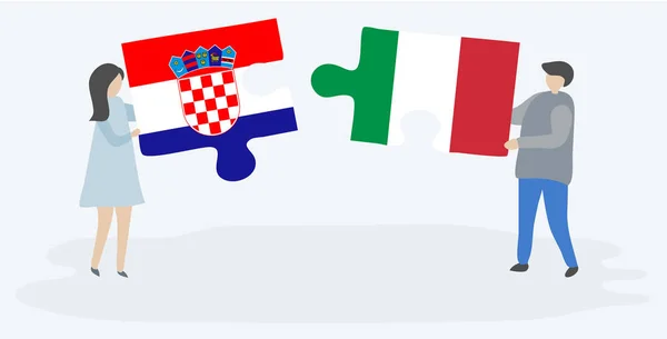 Couple Holding Two Puzzles Pieces Croatian Italian Flags Croatia Italy — Stock Vector