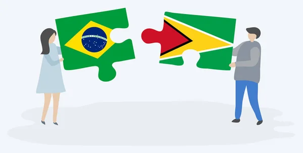 Casal Segurando Duas Peças Quebra Cabeças Com Bandeiras Brasileiras Guianesas — Vetor de Stock