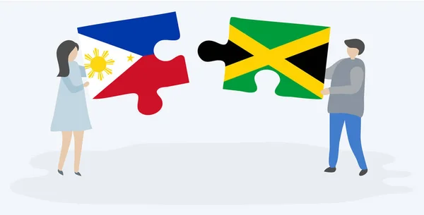 一对夫妇拿着两个拼图片与菲律宾和牙买加国旗 菲律宾和牙买加国家符号在一起 — 图库矢量图片