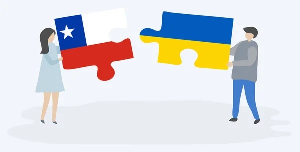 Couple Holding Two Puzzles Pieces Chilean Ukrainian Flags Chile Ukraine — Stock Vector