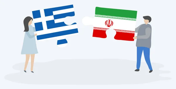 Ζευγάρι Που Κρατά Δύο Κομμάτια Παζλ Ελληνικές Και Ιρανικές Σημαίες — Διανυσματικό Αρχείο