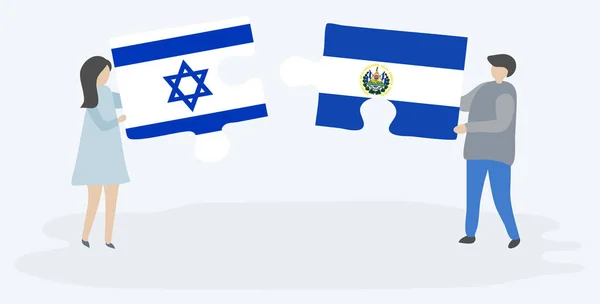 Couple Holding Two Puzzles Pieces Israeli Salvadoran Flags Israel Salvador — Stock Vector