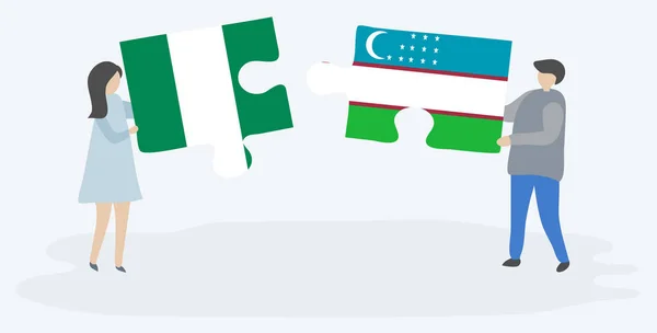 Casal Segurando Duas Peças Quebra Cabeças Com Bandeiras Nigerianas Uzbeques — Vetor de Stock
