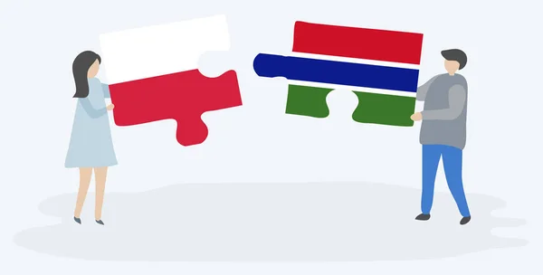 Dvojice Drží Dvě Skládanky Polskými Gambijskými Vlajkami Národní Symboly Polska — Stockový vektor