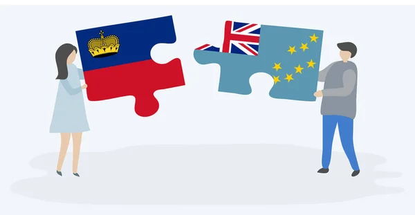 Para Trzyma Dwa Puzzle Kawałki Liechtensteinu Tuvalu Flagi Liechtenstein Tuvalu — Wektor stockowy