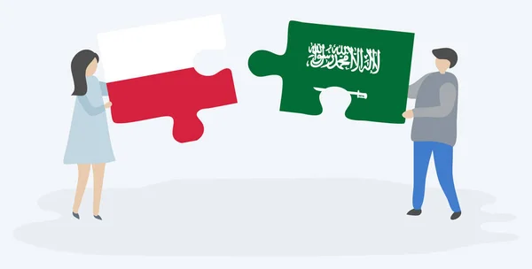 Paar Met Twee Puzzels Stukken Met Poolse Saudi Arabian Vlaggen — Stockvector