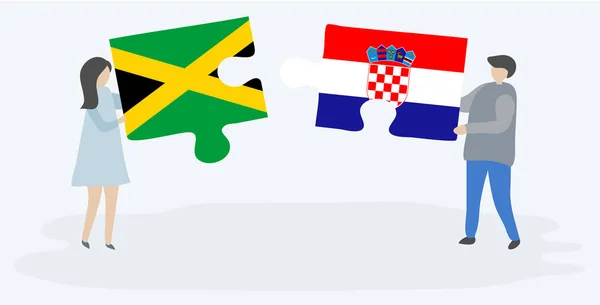 Pareja Sosteniendo Dos Piezas Rompecabezas Con Banderas Jamaica Croacia Jamaica — Archivo Imágenes Vectoriales