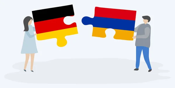 Pareja Sosteniendo Dos Piezas Rompecabezas Con Banderas Alemania Armenia Alemania — Vector de stock