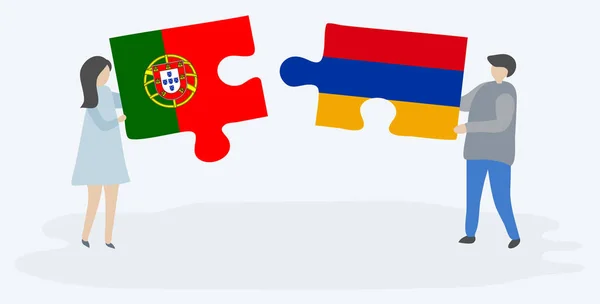 Casal Com Duas Peças Puzzles Com Bandeiras Portuguesas Arménias Portugal — Vetor de Stock