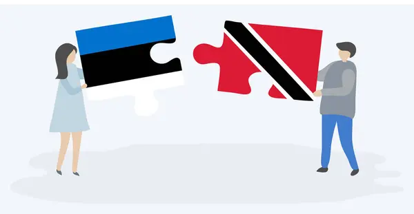 Casal Segurando Duas Peças Quebra Cabeças Com Bandeiras Estonianas Trinidadianas — Vetor de Stock