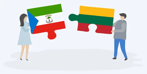Pareja Sosteniendo Dos Piezas Rompecabezas Con Banderas Guinea Ecuatorial Lituania — Vector de stock